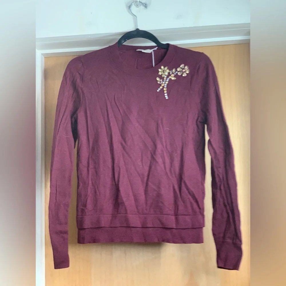 Kate Spade Burgundy Yellow Flower Gemmed Sweater.    Size-Medium Soft Classic